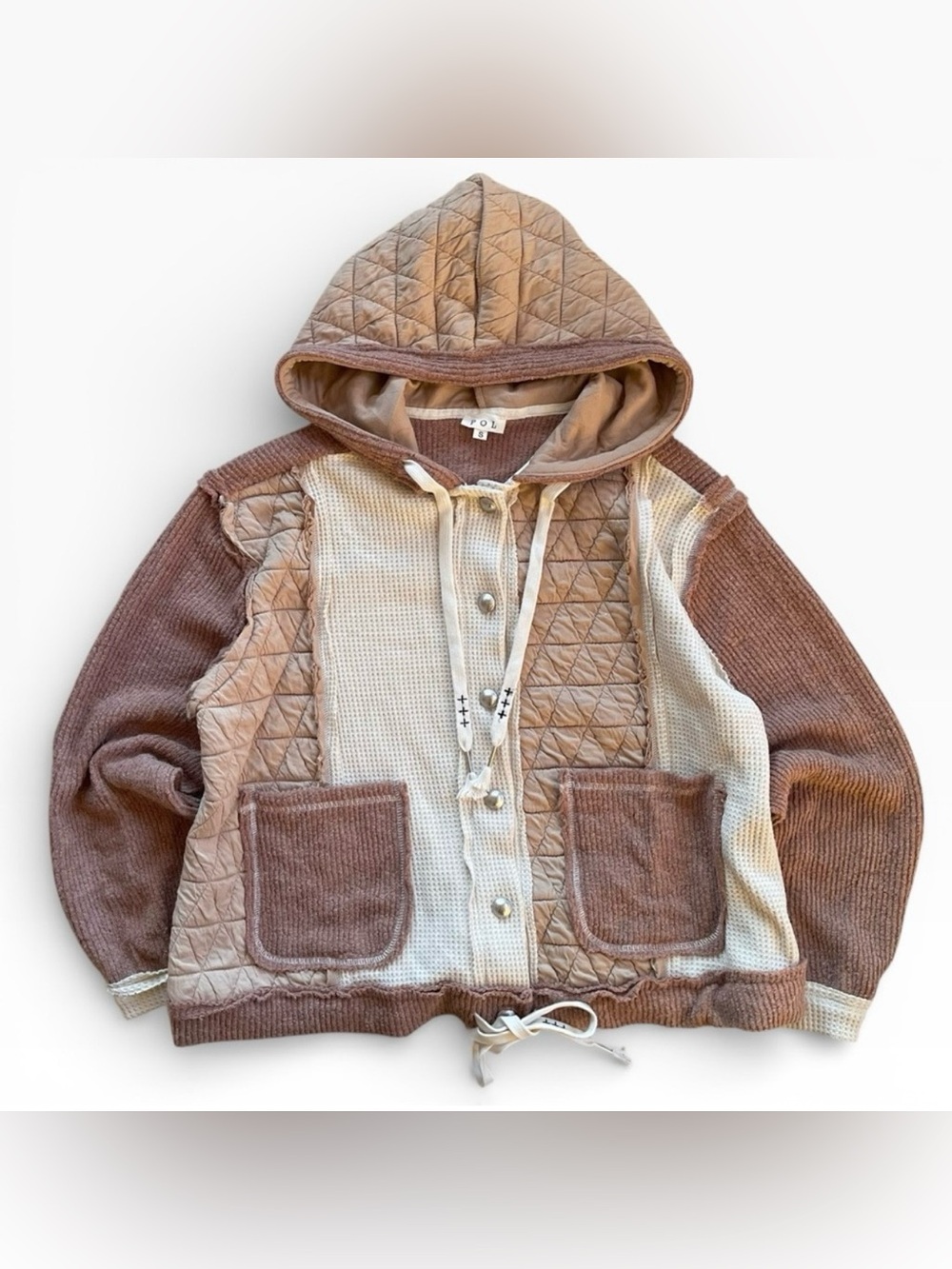 Pol Quilted Pieced Raw Edge Waffle Hooded Jacket S Oversized Brown Tan Cream